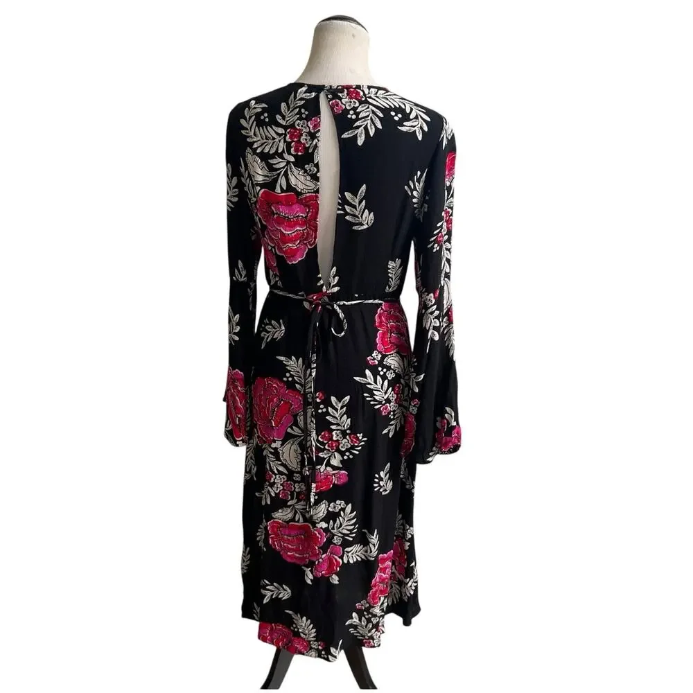 Billabong Women's Floral Whispers Wrap Dress Size Med Black Multi Bell Sleeves